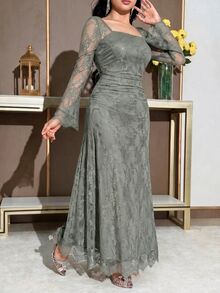 Feyla 女款優雅派對純色蕾絲洋裝 - 灰綠 - 查看 6