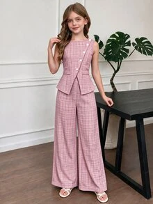 SHEIN 青少年女孩2件套：藍色背心上衣與長褲，兒童休閒優雅白色亮面提花珍珠鈕扣開襟衫配長褲... - 粉色 - 查看 4