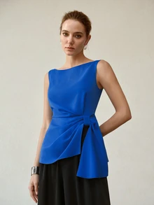 MOTF PREMIUM WOMEN'S SOLID COLOR PLEATED CASUAL VERSATILE DAILY WEAR SHIRT - Blue - View 4