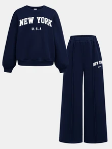SHEIN Girlism 青少年女孩紐約字母印花運動衫與直筒長褲2件套，白色，秋季，休閒，校園，返校季，舒適秋冬穿搭 - 藍色 - 查看 6