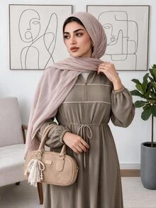 Veilorie فستان نسائي بمقاس كبير بخصر عالي وأكمام طويلة - كاكي - مشاهدة 6
