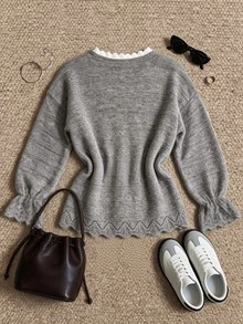 Grovea Plus Size V-Neck Lace Bow Decor Knitted Sweater, Long Sleeve Scalloped Hem Loose Comfortable Pullover Knit Top, Suitable For Autumn/Winter - Dark Grey - View 2