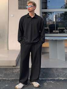 DAZY Men's Button Half-Placket Long Sleeve T-Shirt And Straight Leg Pants With Pockets 2 Pieces Set - Black - View 4