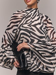 COSMINA قميص نسائي بطبعة زيبرا بياقة واقفة تصميم كاجوال فضفاض عصري بأكمام طويلة ملابس خريفية أنيقة قميص نسائي قميص عيد الميلاد قميص بطبعة زيبرا - الأسود - مشاهدة 5