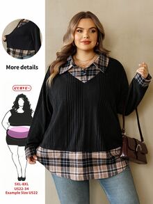 SHEIN CURVE+ Plus Size Women's Fashion Loose Colorblock Patchwork Faux Two-Piece Shirt - Black - View 1