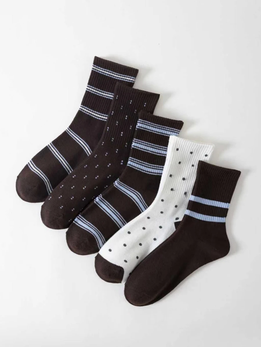 SHEIN 1/5 Women's Mid-Calf Socks In Maillard Color Palette, Polka Dot & Striped Patchwork All-Match Socks, Versatile For Autumn/Winter Daily Commute - Multicolor - View 1
