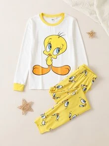 LOONEY TUNES X SHEIN Tween Girls Fitted Loungewear Comfortable Home Casual Cartoon Print Pattern - Yellow - View 1
