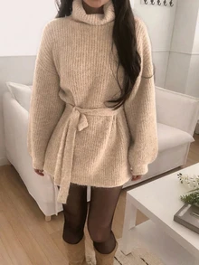 DAZY 女款高領純色長袖綁帶優雅韓風針織衫 - 杏色 - 查看 7