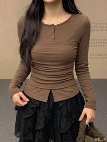 DAZY Women's Round Neck Long Sleeve Casual Base Layer T-Shirt - Brown - View 1