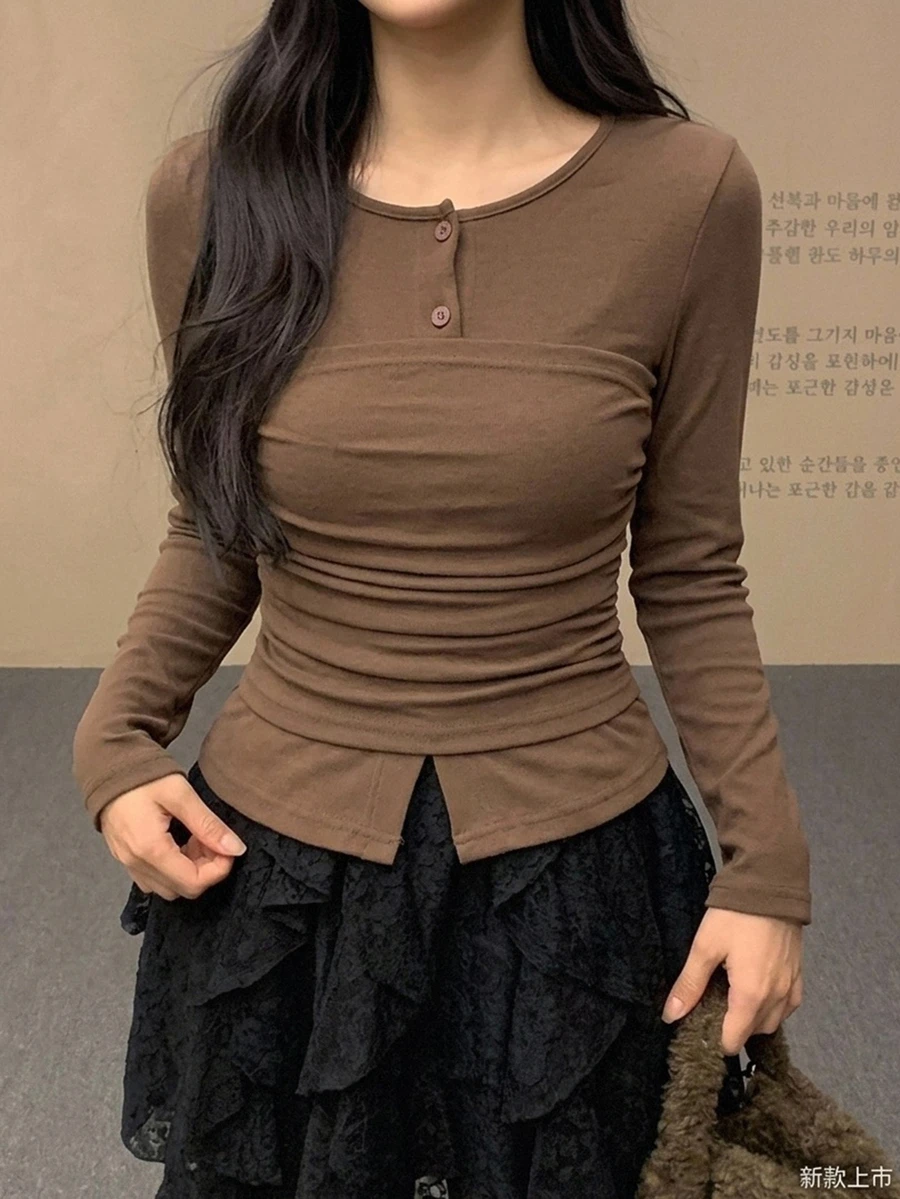 DAZY Women's Round Neck Long Sleeve Casual Base Layer T-Shirt - Brown - View 1