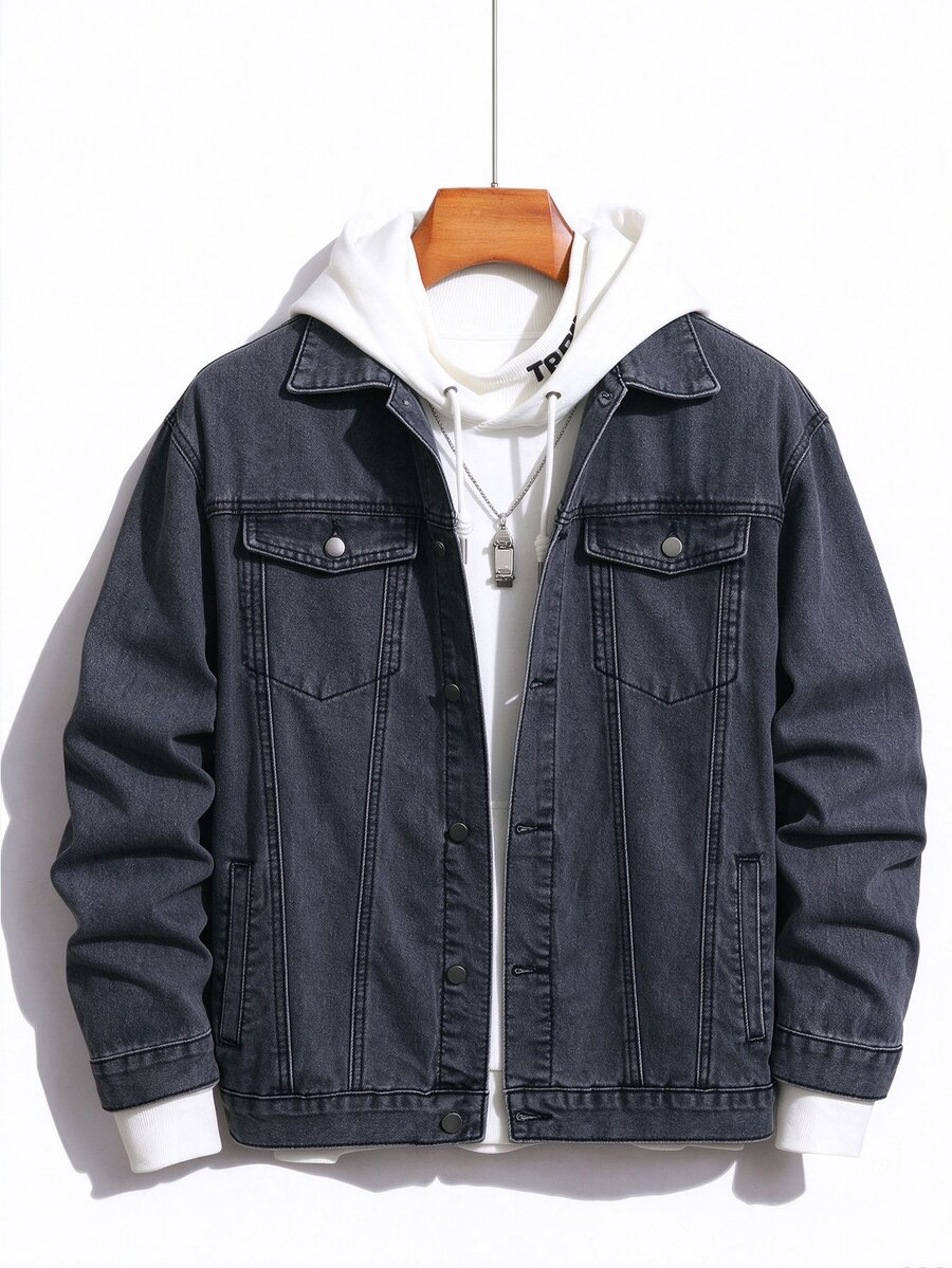 Manfinity Homme Plus Size Men's Casual Black Washed Cargo Denim Jacket - Dark Grey - View 1