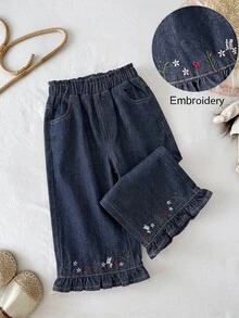 LMoss Kids بنطلون جينز دنيم لطيف للبنات الصغيرات بخصر مطاطي وجيوب وأطراف مطوية بنقشة زهور - أزرق داكن - مشاهدة 1