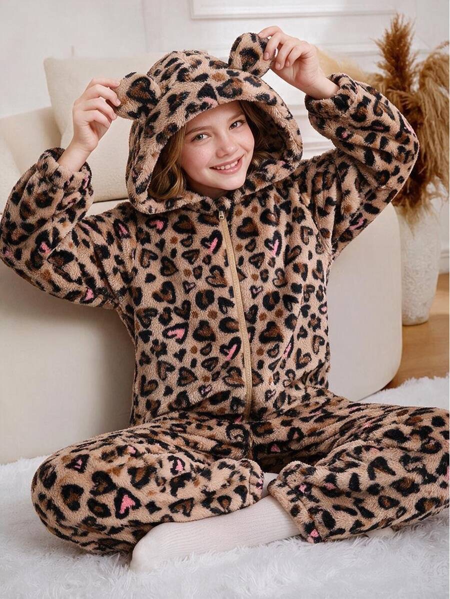 SHEIN Tween Girl Long Sleeve Fleece Fashionable Cute Leopard Ear Hooded Jumpsuits, Suitable For Indoor & Outdoor Wear In Winter - Multicolor - View 1