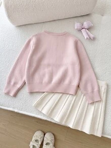 SHEIN Young Girl Young Girl Solid Color Knit Bow Pattern Sweater & Skirt Set 2pcs Suitable For Autumn/Winter - Pink - View 4