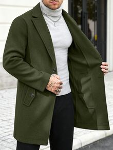 Manfinity Homme 男士純色口袋鈕扣前襟長袖大衣，秋季冬季儀式穿著 - 軍綠色 - 查看 3