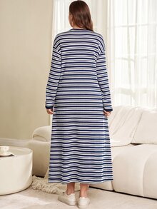 Rosumi Women's Plus Size Coffee Brown Knit Jacquard Striped Loose Fit Autumn/Winter Long Dress Fall - Navy Blue - View 3
