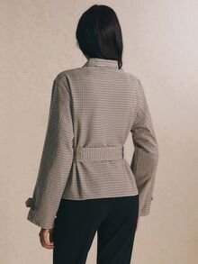 Poéselle 女款雙排扣格紋風衣 高領綁帶外套 復古優雅格紋夾克 秋季襯衫 教師節 辦公室穿搭 - 彩色 - 查看 3