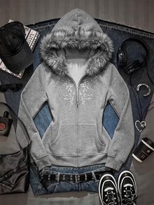 SHEIN EZwear 女款花卉印花水鑽前拉鍊毛茸茸領休閒運動衫，秋冬水鑽拉鍊開襟十字哥德風搖滾女版動漫風 - 淺灰色 - 查看 1