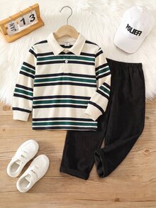 SHEIN 2件組兒童小男孩秋冬休閒條紋 Polo 領長袖套頭上衣與休閒長褲，男孩套裝，條紋套裝，秋冬套裝，Polo 套裝 - 彩色 - 查看 3