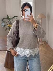 Lounesse Áo len dài tay nữ size lớn phối ren phong cách thường ngày cho mùa đông - Màu be - Xem 4