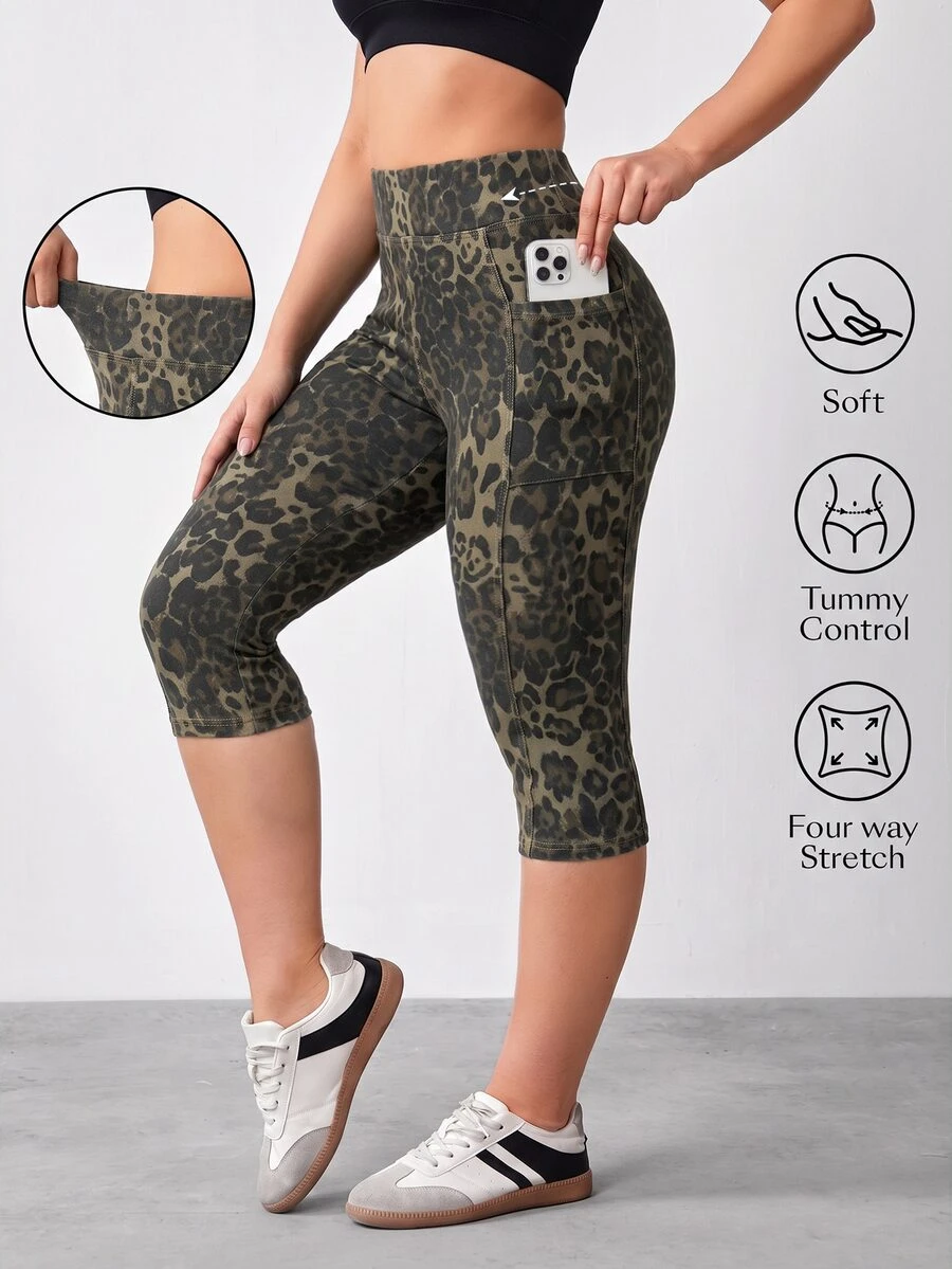 Flexra Plus Size Women's Leopard Print Pocket Casual Daily 7/8 Length Denim Jeans - Multicolor - View 1
