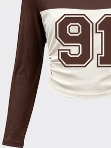 Tween Girls Autumn Casual Fashion Letter 91m Brown Striped Patchwork Ruched Waist Long Sleeve T-Shirt & Wide Leg Pants Set - Multicolor - View 5