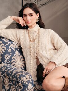 Anewsta Women's Light Color Lace Trim Loose Comfortable Versatile Knit Top For Vacation And Outings - Apricot - View 7