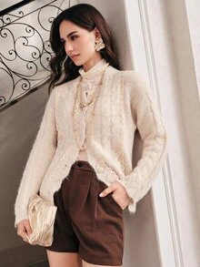 Anewsta Women's Light Color Lace Trim Loose Comfortable Versatile Knit Top For Vacation And Outings - Apricot - View 5