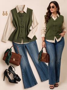 Grovea Áo gile len dệt kim phong cách Trung Quốc mới size lớn, cổ tròn, khuy ếch, sát nách, dáng cardigan vintage rộng phối layer cho mùa xuân thu - màu xanh lá - Xem 8