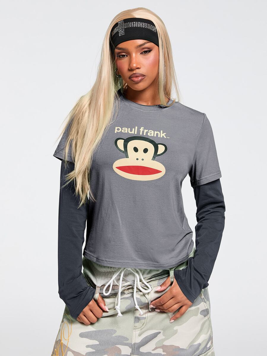 Paul Frank X ROMWE 女款 Y2K 復古辣妹百搭對比色 2 合 1 印花修身長袖 T 恤 - 灰色 - 查看 1