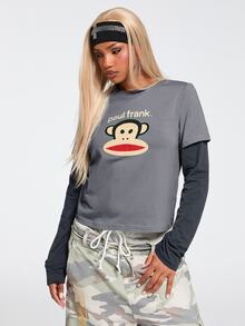 Paul Frank X ROMWE 女款 Y2K 復古辣妹百搭對比色 2 合 1 印花修身長袖 T 恤 - 灰色 - 查看 4
