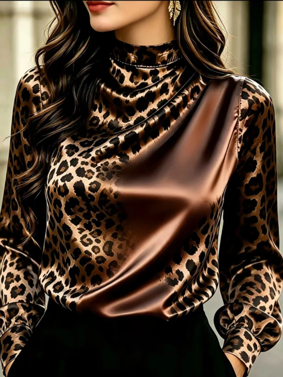 Velvienne Plus Size Women's Blouse With Small Stand Collar, Shoulder Draping, Long Sleeves, Contrast Color Print, Suitable For Outings, Commuting, Home And Gatherings - Coffee Brown - View 1