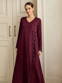 Graceveil Autumn Solid Color V-Neck Lace Patchwork Front Button Long Sleeve Loose Slimming Elegant Women's Dress - Burgundy - View 4