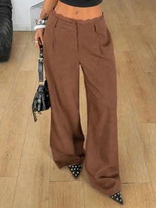 SHEIN Tall CURVE CURVE 大尺碼女款高個女孩純色抽繩腰斜口袋休閒寬腿百褶長褲，黑色，適合日常通勤、職場、辦公室 - 棕色 - 查看 7