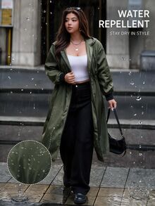 Easura Plus Size Cinched Waist Zipper Pocket Hooded Jacket - Army Green - View 1