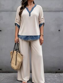 Weeklong Women's Plus Size Spring/Autumn Notch Collar Denim Effect Print Loose Fit 2 Pieces Set With Straight Leg Pants - Apricot - View 6