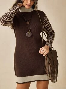 Nubod Plus Size Casual High Neck Leopard Print Patchwork Long Sleeve Knit Sweater Dress - Brown - View 4