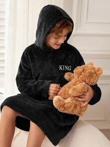 SHEIN 大童男孩秋冬款精緻Logo圖案 KING Little King 標誌圖案連帽長袖袋鼠口袋抓絨長款睡衣 - 黑色 - 查看 3