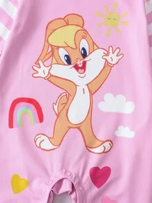 LOONEY TUNES X SHEIN Baby Girl Cartoon Print Casual Daily Long Sleeve Jumpsuit - Pink - View 4