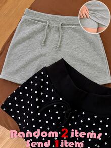 SHEIN Tween女孩針織純色淺灰色內建內搭褲休閒抽繩運動風裙 - 灰色 - 查看 4
