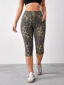 Flexra Plus Size Women's Leopard Print Pocket Casual Daily 7/8 Length Denim Jeans - Multicolor - View 7