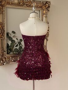 Lovelzi 優雅酒紅色亮片刺繡羽毛流蘇抹胸心形領緊身胸衣 A 字短版迷你舞會返校日雞尾酒正式晚禮服 - 酒紅色 - 查看 3