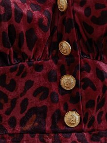 Linhara CURVE Plus Size Women's Leopard Print V-Neck Long Sleeve A-Line Pleated Elegant Dress - Burgundy - View 8