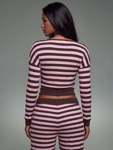 Nooralise Women's Casual Printed Striped Double-Sided Fleece Open Front Top - Pink - View 2