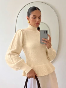 Firerie Women's Solid Color High Neck Fitted Waist Long Sleeve Minimalist Versatile Sweater - Apricot - View 6