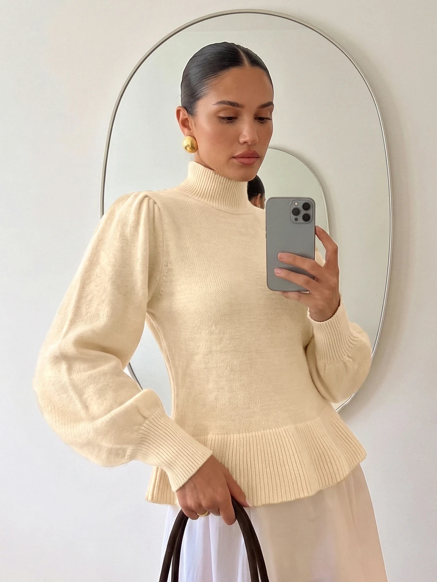 Firerie Women's Solid Color High Neck Fitted Waist Long Sleeve Minimalist Versatile Sweater - Apricot - View 1