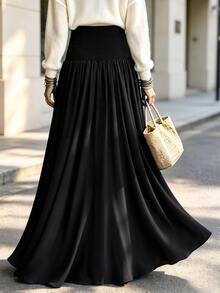 Velvienne Plus Size Women's Autumn Napoleon Style Button Decor Slit A-Line Skirt, Elegant Versatile Casual Minimalist Skirt - Black - View 2