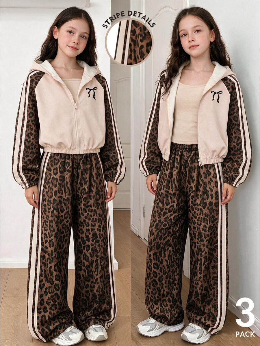 SHEIN Casuvi Kids 秋冬女童三件套：豹紋插肩拼接蝴蝶結印花短版連帽外套、側條紋豹紋寬腿長褲與背心，甜酷休閒女孩套裝 - 彩色 - 查看 1