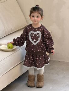 Dazy Kids Infant/Toddler (Girl) Round Neck All-Over Print Korean Style Long Sleeve Heart Pattern Autumn/Winter Sweatshirt Set - Coffee Brown - View 1