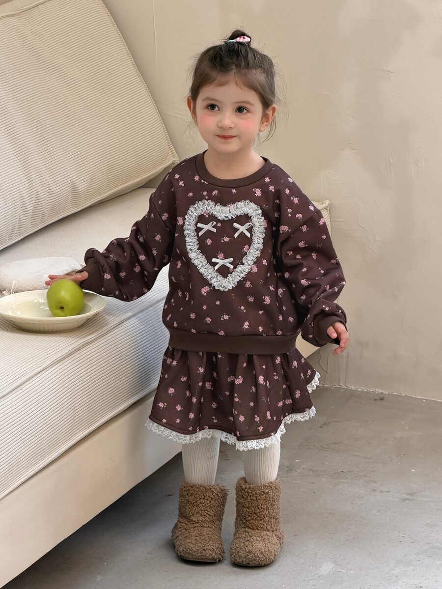 Dazy Kids Infant/Toddler (Girl) Round Neck All-Over Print Korean Style Long Sleeve Heart Pattern Autumn/Winter Sweatshirt Set - Coffee Brown - View 1